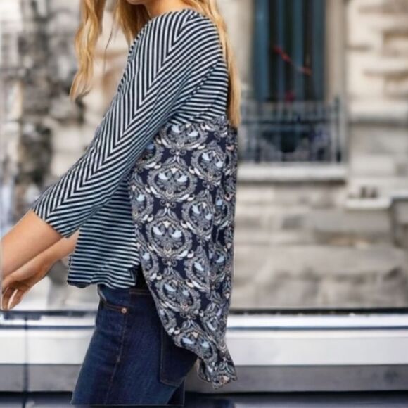 LOFT Blue Mixed Media Top Women's Small Blouse Striped/Paisley Chiffon/Knit Tee - Picture 9 of 12